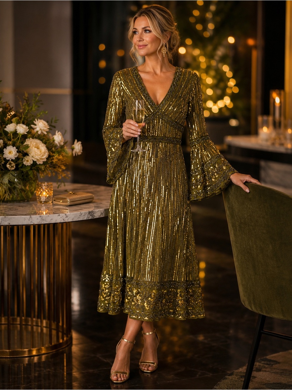Mac Duggal Light Olive Sequin Beaded Bell Sleeve Midi Dress Size 14 NWT - Picture 3 of 10